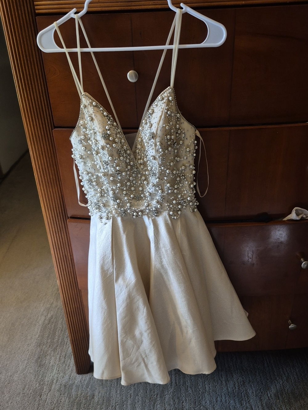 Girls Ivory Beaded Party Dress with Spaghetti Straps